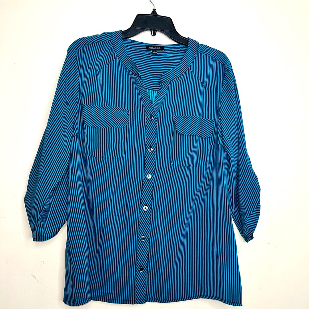 Notations women's size L shirt green & black striped v-neck button up 3/4 sleeve